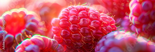 ripe raspberry, showcasing the juicy texture and vibrant color of the fruit in macro detail. Generative AI