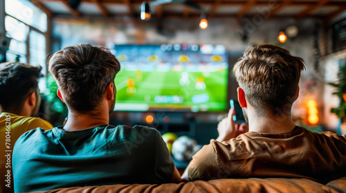 Rear view of two people watching a football match on a TV screen in a cozy room with ambient lighting.