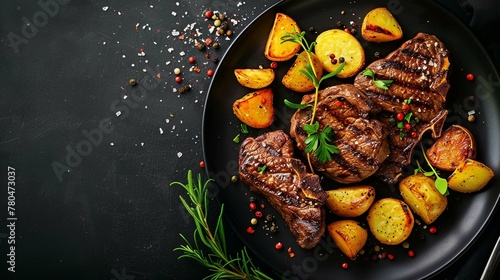 black plates with grilled beef steaks and potatoes top view, cut out on dark background