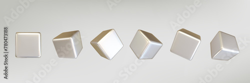 Silver chrome metal realistic cubes set isolated. Render a rotating chrome steel box with different angles in perspective with lighting and shadow. y2k creative vector.
