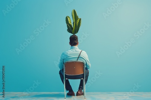 Businessman with a cactus head imagines being elsewhere while sitting on a chair