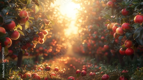 Fruit trees in an orchard in sunlight in autumn 