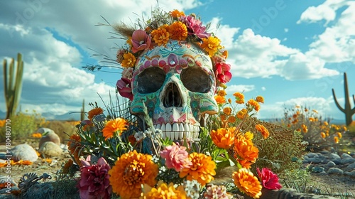 Mexican Skull adorned with flowers at an altar in the desert