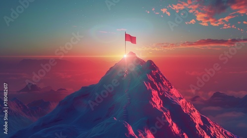 Una bandiera in cima alla montagna simboleggia l'obiettivo raggiunto