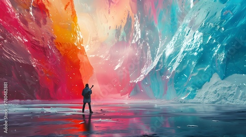 A person play guitar on the iceberg with an ambient of rainbow color scheme 
