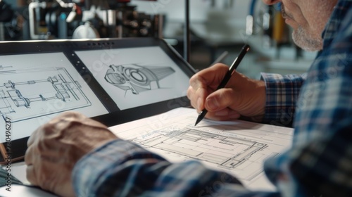 A mature engineer digitally designing mechanical parts on a tablet with a stylus pen.