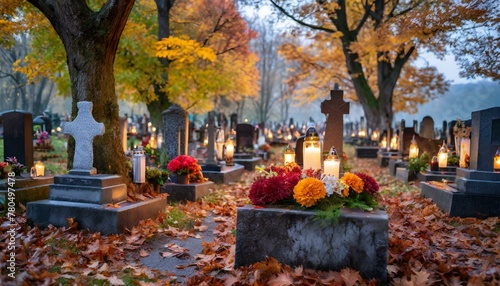 All Saints Day: Cemetery in November. Wszystkich Świętych. 