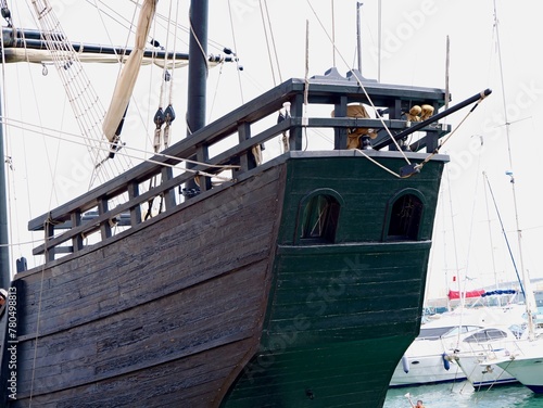 Replica of the Victoria or Nao Victoria ("Victory"). The carrack Victoria was part of the Spanish expedition commanded by Ferdinand Magellan. Escala a Castelló festival, Port Azahar, Castellon, Spain