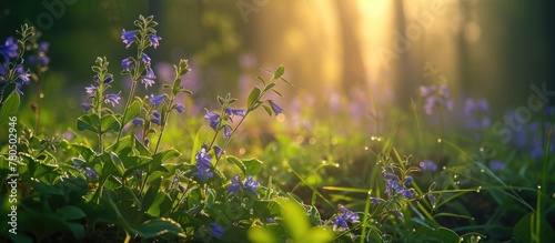 Forest meadow, blue fumewort flowers, Corydalis solida, bask in the morning sun, nature's awakening mood.
