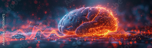 Digital concept of a glowing human brain with electrical impulses on a dark background, symbolizing neural activity, intelligence, and cognitive processes.