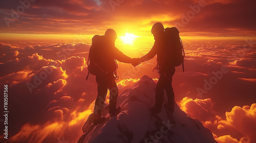 Concept of solidarity, with two mountaineers holding out their hand reaching the top of a mountain