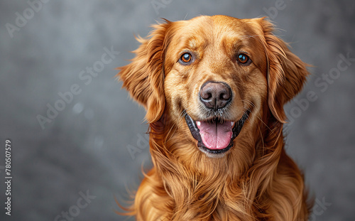 Portrait of a happy golden retriever dog with a shiny coat, smiling at the camera against a blurred grey background. Perfect for pet-related content.