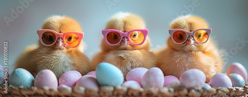 Three cute ducklings wearing colorful sunglasses sitting beside pastel-colored Easter eggs on a soft, blurred background.