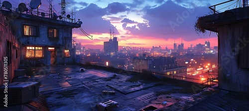 Twilight's Embrace: Weathered Satellite Dishes and Rusty Vents on a Desolate Rooftop, Gazing Upon the Evolving City Skyline as Evening Unfolds