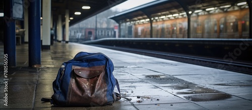 A suspicious bag abandoned on train station platform, photographed from a distance with a focused view.