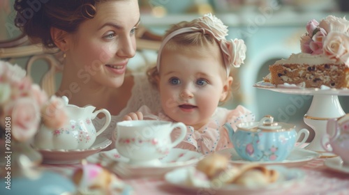 A delightful image of a mother and child enjoying a tea party together, surrounded by dainty teacups, saucers, and plates of delicious treats
