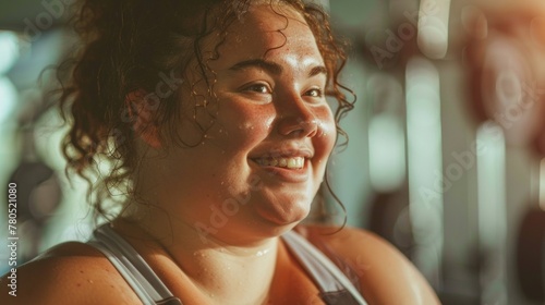 A woman with curly hair smiling broadly with a glistening face likely from exercise wearing a sports bra in a gym setting with blurred equipment in the background.