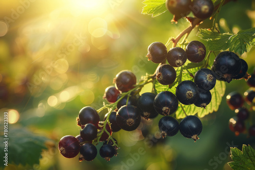 A bunch of black berries hanging from a tree. The berries are ripe and ready to be picked. Natural blackcurrant on a blurred background of a currant garden at golden hour. The concept of organic
