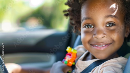 A cheerful young girl with curly hair wearing a seatbelt holding a colorful toy and smiling brightly in a car.