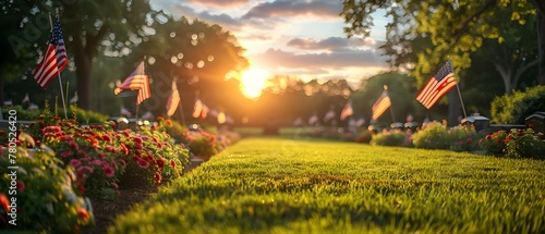 Solemn Sunset Tribute - Veterans Honored with Flags. Concept Patriotic Photoshoot, Veterans Appreciation, Sunset Reflections, Flag Tribute_photos, Honoring Service Members