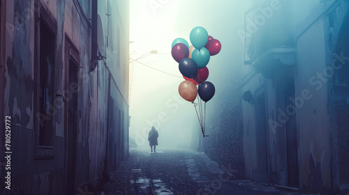 A lone figure walks down a foggy alleyway, tethered to a colorful cluster of balloons, evoking a sense of solitude amidst urban decay.