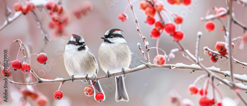Two red-headed long-tailed chickadees perched on red berry branches, 