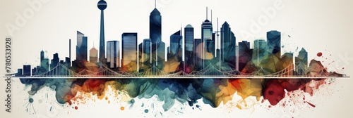 A beautiful illustration of a modern city skyline with a colorful splash of paint below. Perfect for any project needing a vibrant urban backdrop. Panoramic Composition.