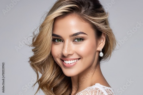 Close up portrait beautiful model woman with white teeth smile, healthy long flowing hair and beauty skin. Concept of advertising a dentist, hairstyle and facial care. Generative AI