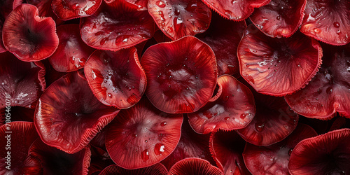 Vibrant Red Mushrooms with Dew Drops Close-up Background