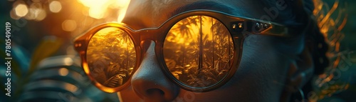 Explorer Vision of a Golden Forest Jungle at Sunset Reflected in the Lenses of Stylish Sun Glasses