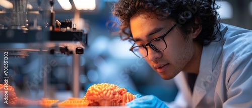 A man in a lab coat is looking at a brain
