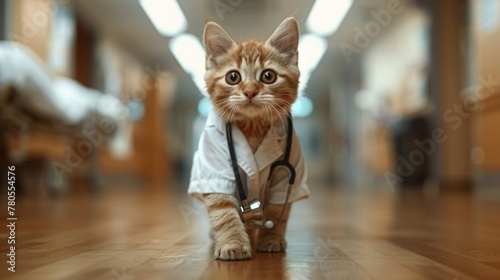 Cute fluffy red cat in the guise of a doctor in a white coat and a stethoscope walks through the hospital, banner