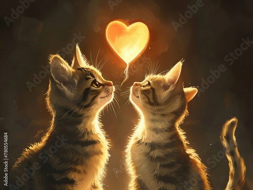 A duo of kittens, one tabby and one solid color, their tails entwined, looking up at a heart that seems to glow with warmth, their expressions a mix of curiosity and fondness.