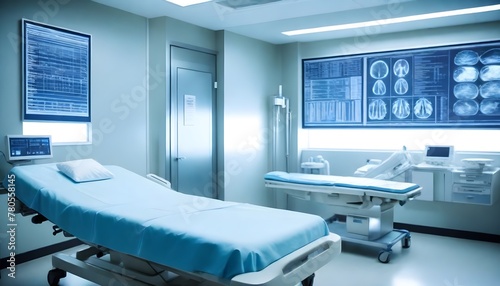 futuristic medical operation or emergency admission ER room with patient surgical diagnosis medical biometric info graphs and hospital services and equipment as wide banner with copy space area