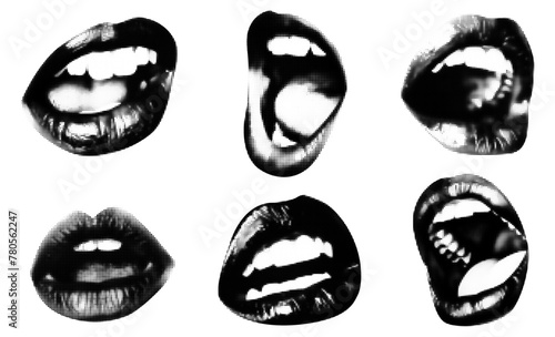 Pop art mouth elements. Grunge black and white open mouth with tongue. Trasparent Background with vintage graphic illustration