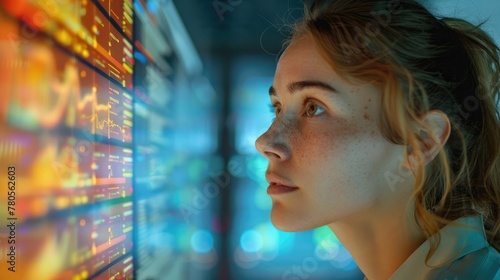 Female administrative employee watching a large screen showing results market trends and demand analysis. Generative AI.