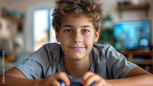 Cute little boy concentrating on playing video games