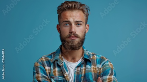 A man with a beard and plaid shirt posing for the camera, AI