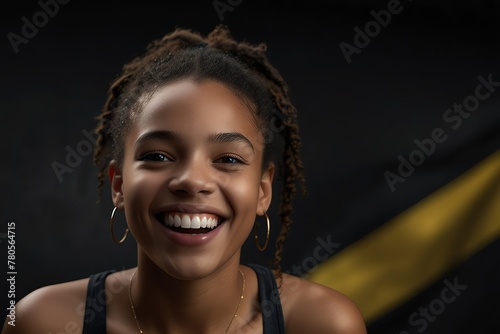 young jamaican teenage girl on plain bright black background laughing hysterically looking at camera background banner template ad marketing concept from Generative AI