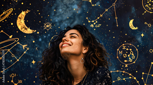 A woman looks up at the night sky with a smile, surrounded by cosmic symbols
