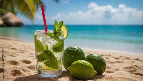 Glass of lime mojito on the tropical, warm beach