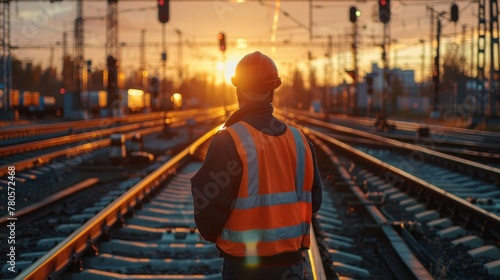 Safety-equipped engineer evaluates railway switch, focus on precision and standards, vivid 4K detail