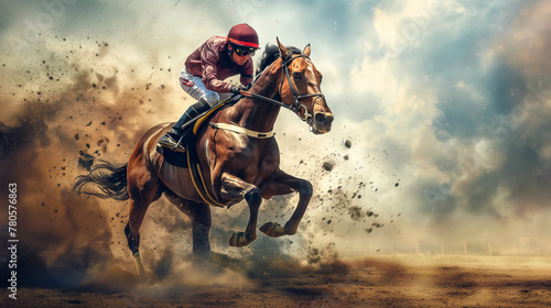 A horse is running in a horse race with a man in a red helmet on its back. The horse is kicking up dust as it runs