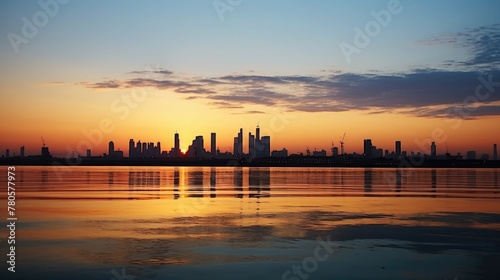 Silhouette of city at sunset in the distance on the horizon. City buildings on the horizon. Sea in the foreground