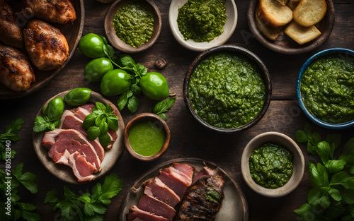 Argentinian chimichurri, vibrant green, rustic mortar, background of grilled meats