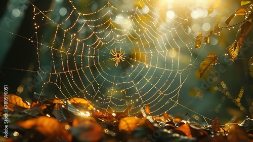 An arthropods spider web made of natural material is intricately woven among leaves in a forest, creating a beautiful pattern while capturing insects for the terrestrial animal