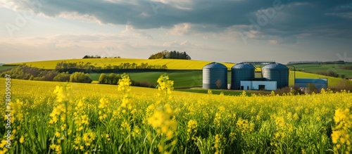 A biogas facility near a springtime field of yellow rapeseed.