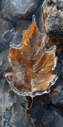 Beautiful leaves encased in ice or rimmed with frost, focusing on the contrast between the organic forms and the crystalline ice