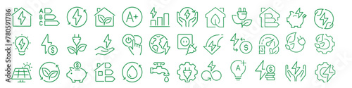 Line icons about energy efficiency and saving. Sustainable development. Thin line icon set. linear variety vectors. Vector Illustration