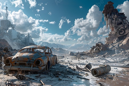A car is sitting in a desolate, ruined landscape. The sky is cloudy and the car is rusted. The scene is bleak and desolate, with no signs of life or civilization